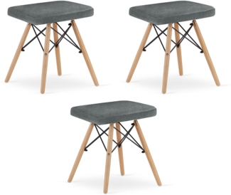Valora PEKO Hocker, 3er-Set, grauer Stoffbezug, Beine aus Buchenholz