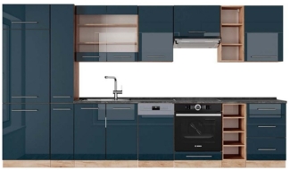 Vicco Küchenzeile Fame-Line, Dunkelblau Hochglanz/Goldkraft Eiche, 355 cm, AP Anthrazit
