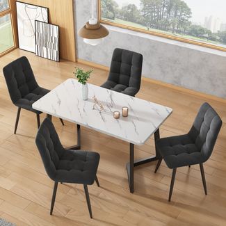 Esstisch-Set H 76 x T 80 x B 80 cm aus MDF & Metall mit 4 Samt-Stühlen
