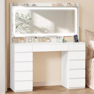 Große Schminktisch mit Große HD-Spiegel, Schminktisch mit LED-Beleuchtung, 3 Farben, Einstellbare Helligkeit, Frisiertisch mit 11 Schubladen,Schminktische Fürs Schlafzimmer,Weiß