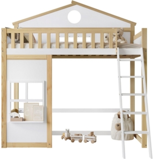 SeedWave Hochbett Modernes Hausbett Kinderbett mit Schutzgeländern, Regal, 90×200 cm Das Holzbett mit 5-Stufiger Treppe, Lustigen Fenstern