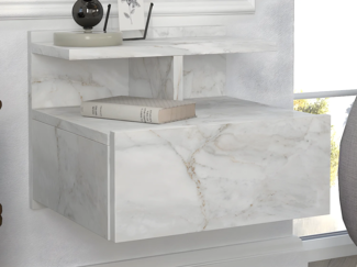 Vente-unique - 2er-Set Nachttische hängend - 1 Schublade - Marmor-Optik weiß - AZELNO