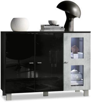 Vladon Sideboard Denjo, Kommode mit 3 Türen, Schwarz matt/Schwarz Hochglanz/Beton Oxid-Optik, inkl. LED-Beleuchtung (107 x 81 x 35 cm)