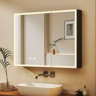 WDWRITTI Badezimmerspiegelschrank mit LED Beleuchtung Spiegelschrank Schwarz mit ohne Steckdose (80x60, 50x70, 40x60cm, Alu-Schranktür, Doppelseitiger Spiegel, 2Touch, Anti-fog, 3Lichtmodi, Dimmbar, Memory) mit Netzadapter, Verstellbare Glasböden