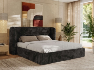 Polsterbett Bett mit Holzlattenrost Schlafzimmer Bett Doppelbett gepolstertes Kopfteil Multipocket Matratze - EMORA CLASSIC - 200x200 cm - Dunkelgrau Plüsch - ELORI LUX