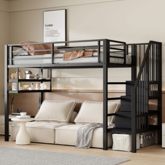 Hochbett mit Lattenrost, 90x200 cm, Metallbett mit Rausfallschutz, Regal, Treppe, Jugendbett, Kinderbett