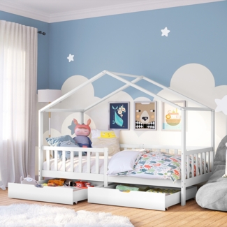 Bellabino 'Bia' Hausbett 90x200 cm mit 2 Schubladen, weiß, Kiefer Massivholz, Montessori Kinderbett mit Stauraum, inkl. Rausfallschutz und Lattenrost