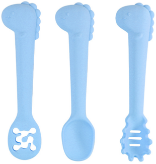 ABC 6-teiliges blaues Baby-Trainingslöffel-Set aus lebensmittelechtem Silikon, geeignet für Babys ab einem Jahr zum selbstständigen Essen. Babylöffel in Dinosaurierform