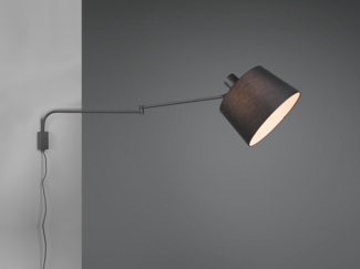 Schwenkarm LED Wandleuchte mit Stoffschirm Schwarz mit Schnurschalter & Stecker