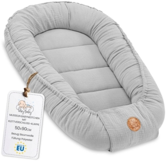 Babynest babynestchen neugeborene mit tragegriff 90x50 cm baby nestchen tragbar nest für bett kinder kuschelnest coccon für Jungen und Mädchen Grau Musselin C