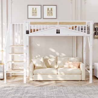 Merax Metall-Hochbett 90 x 200 cm, Kinderbett, Einzelbett, einzigartige Sicherheitsumrandung mit Fenster, mit Sicherheitsleiter, weiß