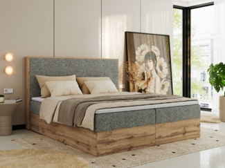Doppelbett, Boxspringbett mit Bettkästen, Multipocket-Matratze und Topper, Set mit Kopfteil, Eiche Wotan Holzrahmen - WOOD CLASSIC - 180x200 cm - Grau Struktur - H3