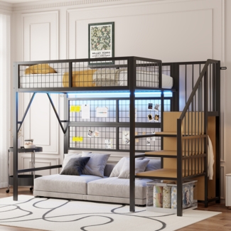 Merax Hochbett, Kinderbett, Etagenbett 90*200, Geeignet für Kinder und Jugendliche Vielseitiges, Metall-Hochbett mit APP-gesteuerten LED-Lichtleisten Treppe mit Stauraum, offenem Kleiderschrank, Schwarz