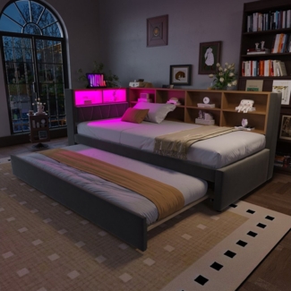 OKWISH Schlafsofa Polsterbett Stauraumbett, Ausziehbett mit LED-Leuchten, Steckdosen & Ablagefächern 90 x 200 & 90x190 cm, ohne Matratze