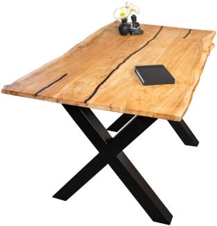 Baumkantentisch Akazie mit schwarzen Resin-Adern naturfarben 140 x 80 cm X-Gestell schwarz POLLY 92381294