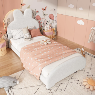 Einzelbett mit Lattenrost und Kopfteil, 90x200 cm, Polsterbett, Jugendbett, Kinderbett, Bezug aus Vlies