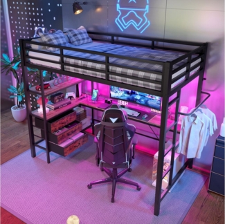 HAUSS SPOLE Hochbett 90x200cm mit Ambientelicht, Schreibtisch, Steckdose+USB, Schwarz (Hochbett 90x200 cm mit Ambientelicht, Schreibtisch, USB-Steckdose, 3 Schubladen & Regalen, Sicherheitsgeländer, Treppe) ohne Matratze