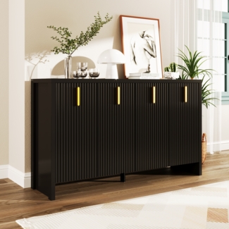 Sideboard 140×80×38 cm in Schwarz, 4 Türen, goldene Griffe, verstellbare Regale,Aufbewahrungsschrank