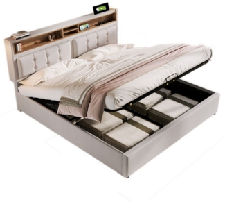OKWISH Polsterbett Doppelbett (Hydraulisches Doppelbett mit USB/Typ-C Ladefunktion), 160x200 Ohne Matratze