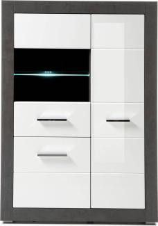 Vitrinen-Highboard in Hochglanz weiß mit Betonoptik dunkel ETON-61 mit LED B/H/T: 100/142/35cm