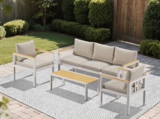 MeXo Gartenlounge-Set Boho Chic Gartenmöbel Set von RICHLY, (Loungegruppe aus Aluminium für 5 Personen, 4-tlg, mit Kissen, Kunststoffholz-Tisch & Armlehnen), wetterfest für Garten, Balkon & Terrasse