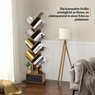 COSTWAY Bücherregal mit Schublade, 8-stöckiges Standregal, in Baumform, CD- und DVD-Regal, für Schlafzimmer, Wohnzimmer und Heimbüro (Braun)