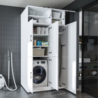 Roomart Waschmaschinenschrank - SERIE DORA-2- 115 cm breit – Waschturm für Waschmaschine & Trockner mit Regalböden – Überbauschrank für Waschküche & Hauswirtschaftsraum – mit Aufsatzschrank - 1x Regalböden - Weiß