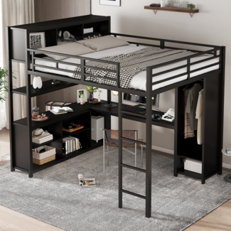 Merax Hochbett mit Schreibtisch, Stauraum und Kleiderschrank, Eisen Schwarz, 140 x 200 cm