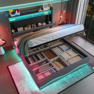 Flieks Doppelbett 140 x 200CM Polsterbett – Kopfteil mit LED und Ablageflächen, extra Stauraum unten, mit Lattenrost, USB-Anschlüsse, grau