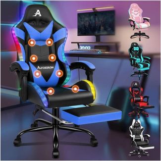 Massage Gaming Stuhl LED 150° Neigung ergonomisch Fußstütze Rennstuhl Blau Serie