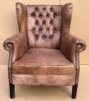Casa Padrino Luxus Echtleder Chesterfield Ohrensessel Vintage Braun / Schwarz Wohnzimmer Sessel Leder