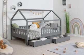 Ticaa Hausbett Kay mit Rausfallschutz und Schubkasten aus Kiefer, Kinderbett 90x200, inkl. Dach, mit Rollrost