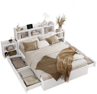 OKWISH Holzbett mit Lattenrost und Kopfteil (Doppelbett mit Handyladefunktion (TYPE C + Wireless Charging), 1-tlg, 140*200 cm, ohne Matratze), mit 2 ausziehbaren Nachttischen, Schubladen und Ablagefächern