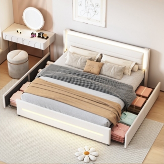 HAUSS SPOLE Polsterbett 180x200 mit LED-Beleuchtung, 4 Ablagefächer Leinen Beige ohne Matratze (Polsterbett mit LED-Beleuchtung & Stauraum, Leinenstoff, 4 Ablagefächer, stabiler Lattenrost, Doppelflachbett mit Lattenrost 180*200 cm), ohne Matratze