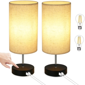 ZMH 2ER Tischlampe Touch Nachttischlampe - USB Schwarz Vintage Dimmbar Tischleuchte E27 mit Ladefunktion Stoff Lampenschirm für Modern Deko Schlafzimmer, Geschenk, Wohnzimmer