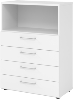 bümö smart Schubladenschrank, Büroschrank 80cm breit in weiß mit 4 Schüben & 1 Regalfach - Bürocontainer aus Holz, Container mit Metallgriffen & Soft-Stop Schubladen, 938S4-W-W-BS