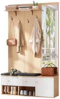 SeedWave Garderobe Moderne Kompaktgarderobe mit Spiegel, Sitzbank, Haken & Stauraum, Hängeregal, 2 Schublade, offene & geschlossene Fächer