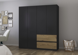 rauch Joel-Extra, Kleiderschrank, 4-türig, push-to-open, mit 2 Kleiderstangen und 2 Einlegeböden, Farbe Grau metallic/Eiche Artisan, BxHxT 181x197x54cm