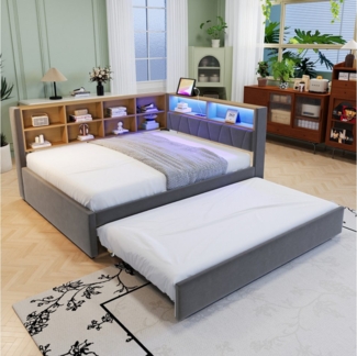 REDOM Kinderbett Doppelbett Stauraumbett Gästebett Kinderbett (Daybett Tagesbett Schlafsofa mit Ausziehbett 90x190 cm, USB-Steckdosen und viel Stauraum, Polsterbett für Wohn-, Gästezimmer und kleine Apartments 140x200 cm), ohne Matratze