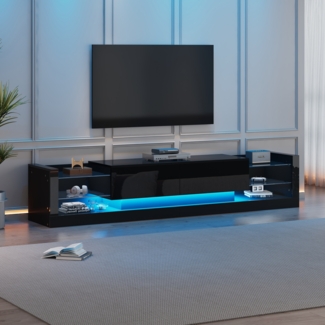 Merax 181 cm Hochglanz-TV-Schrank mit LED-Beleuchtung, Für Fernseher bis 80 Zoll, Glasfront, zwei klappbare Schubladen, Schwarz
