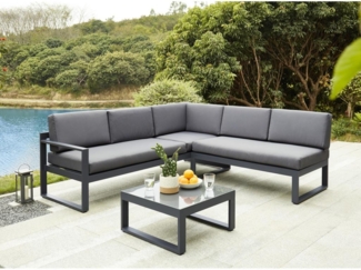 Vente-unique - Garten-Sitzgruppe: Couchtisch + 6-Sitzer-Ecksofa verstellbar - Aluminium - Anthrazit - PALAOS II von MYLIA