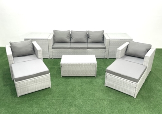 Fimous Polyrattan Gartenmöbel Set mit 3-Sitzer Sofa 2 Sesseln Rechteckiger Couchtisch 2 hohen Hockern 2 Beistelltischen Hellgrau gemischt 7-Sitzer