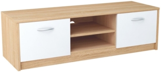 Home Collective TV-Schrank 120cm breit Lowboard mit matter Oberfläche Fernsehtisch (abgerundete Kante und Metall-Rollschienen Fernsehkommode) mit 2 Türen und 1 Regal, aus laminiertem Board sonoma weiß