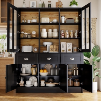 Merax Hochschränke fürs Wohnzimmer(140×38.5×175cm), Vitrinenschrank, Küchenschrank, Esszimmerschrank mit Schubladen, Hochschrank, Schwarz