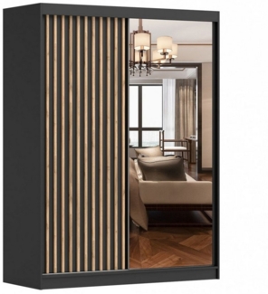 MOEBLO Kleiderschrank LABI (Schiebetür-Kleiderschrank mit Spiegel & Holzdekor, Schwebetürenschrank 2-türig Schrank mit Einlegeböden und Kleiderstange) -(BxHxT): 150x200x61 cm