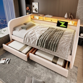 Merax Daybett (Schlafsofa aus Leinen, Lattenrost, Stauraum-Kopfteil, 1 tlg), Tagesbett 140x190cm Polsterbett mit LED & USB,2 Schubladen & Stauraum