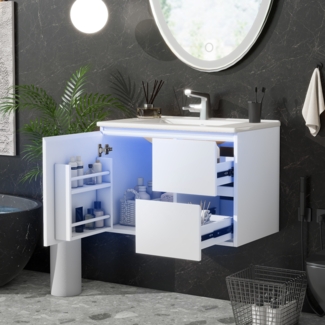 Merax wandhängend Badezimmerschränk, integriertes Waschbecken, Volllackierung, LED-Radarsensor-Beleuchtung, Waschtisch, mit 2 Schubladen, leise Gleitschienen, weiß