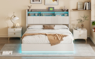 Bett 160x200 cm aus wei?em Samt mit LED-Beleuchtung und Stauraum im Kopfteil