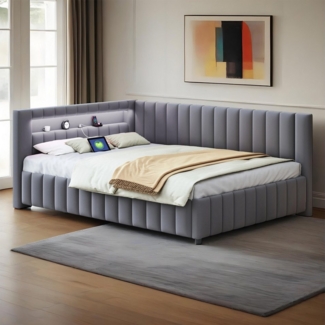 MODFU Polsterbett Kinderbett (140x200 cm mit LED-Lichtstreifen, USB-Ladeanschluss & L-förmigem Design, Polsterbett, Samtbezug, stabiler Lattenrost, Rückenlehne & Kopfteil), Ohne Matratze