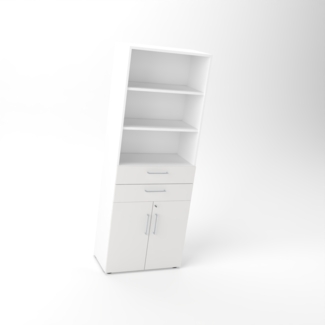 Rheinland Möbel Flügeltürenschrank Cabino 80×42×216 cm – abschließbarer Aktenschrank 2OH mit 2 Schubladen & Regalaufsatz 3OH in Weiß/Grau mit 110° Drehtüren & Metallgriff